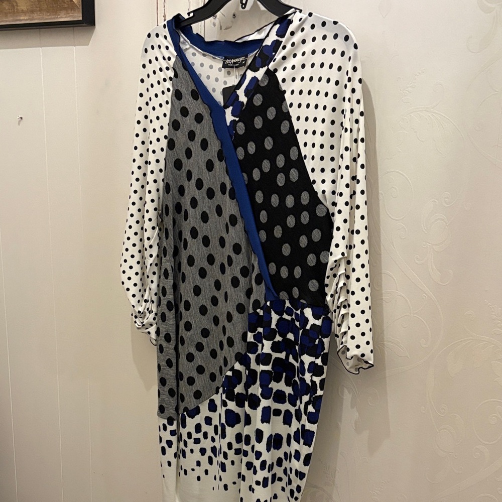 Blue & White Polka Patchwork Long Sleeve Dress NWT M One of a kind